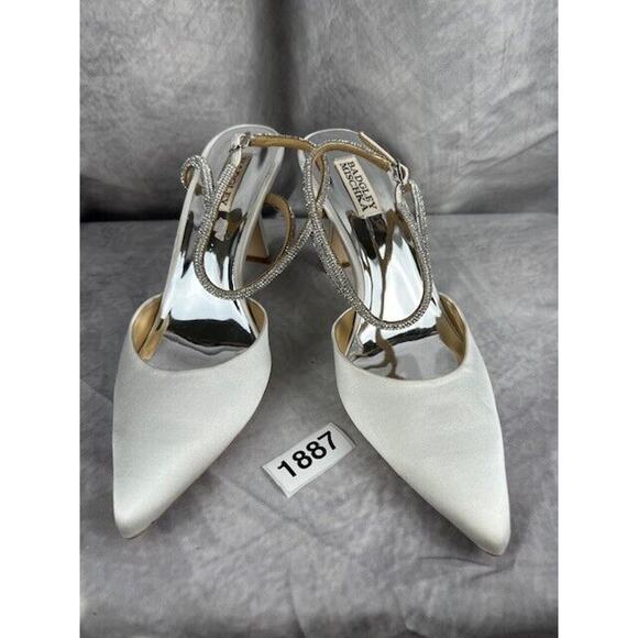Badgley Mischka Autumn White Satin Pavé Embellished Mid Heel Pumps Shoes Sz 8.5 - Picture 2 of 9